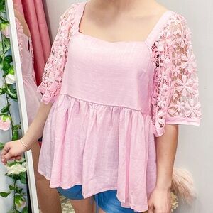 Pink Lace Sleeve Women's Top